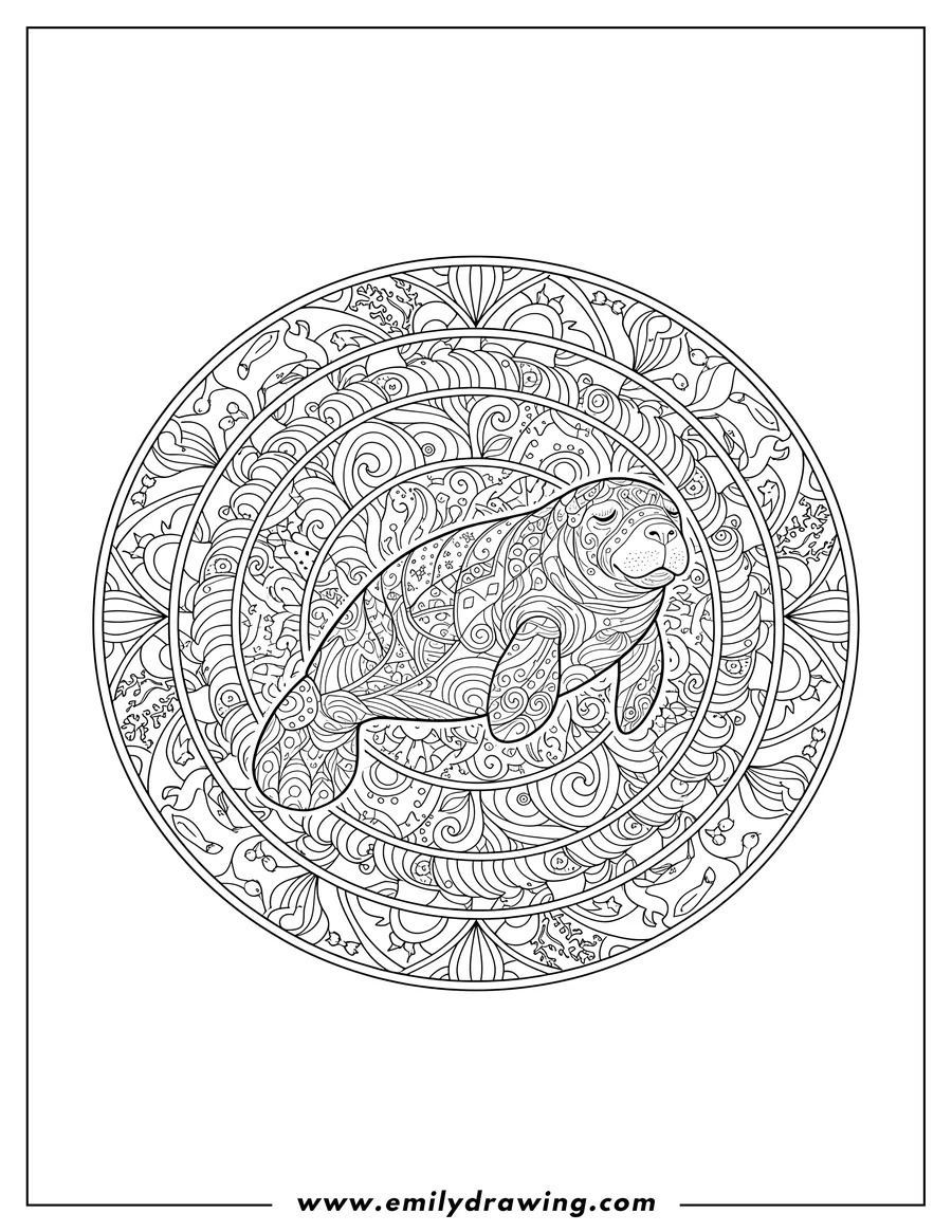 Printable coloring page of intricate Manatee Mandala, a peaceful manatee floating