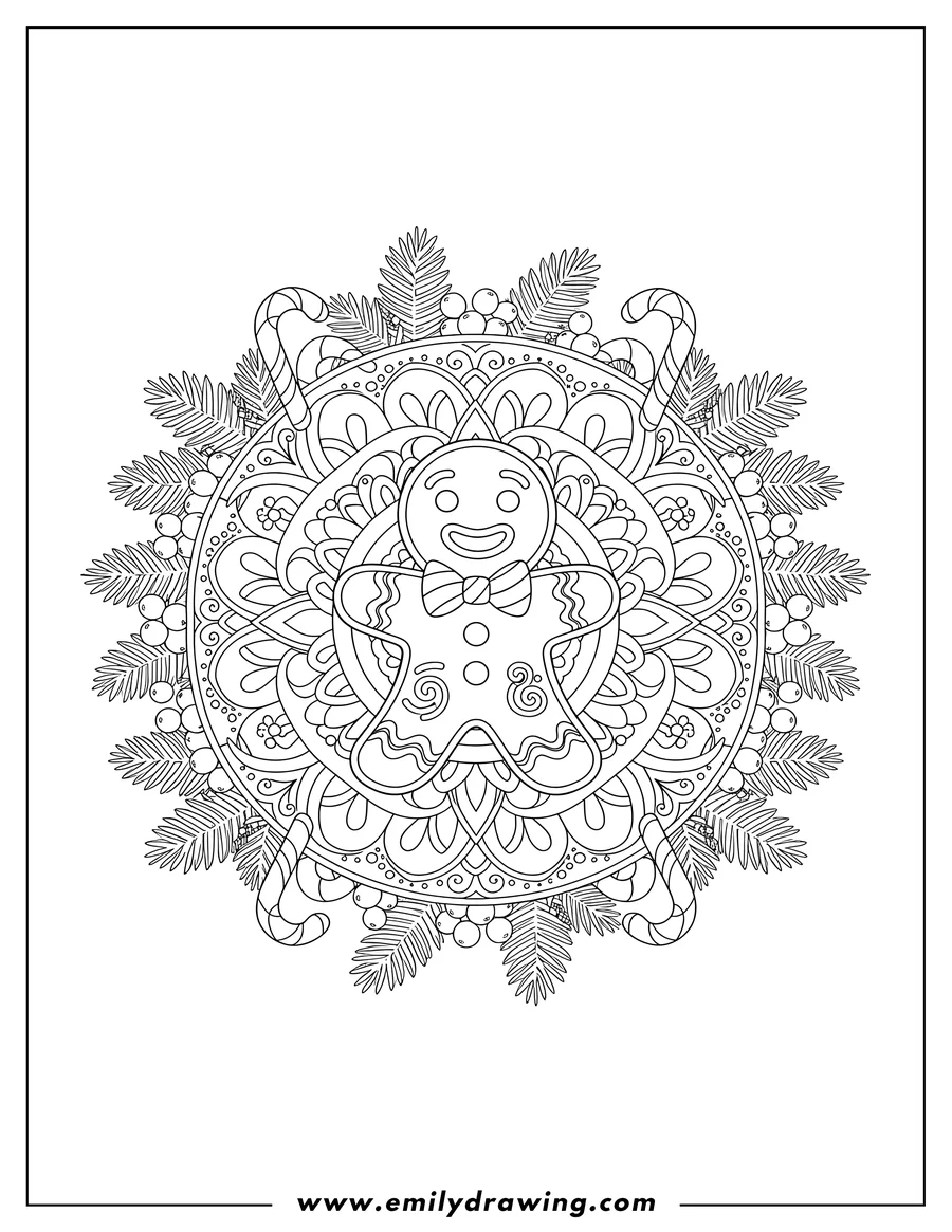 Doodle style coloring picture of intricate Mandala Design with a Smiling Gingerbread Man wearing a Bow Tie, within a festive wreath of Candy Canes, Berries, and Pine Leaves