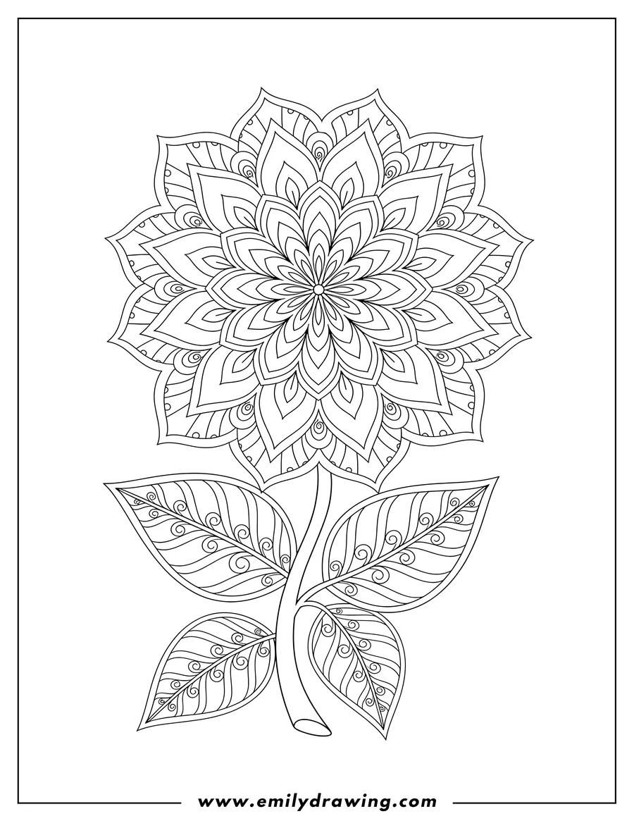 Free printable coloring sheet of intricate Mandala Flower with Stem and Leaves