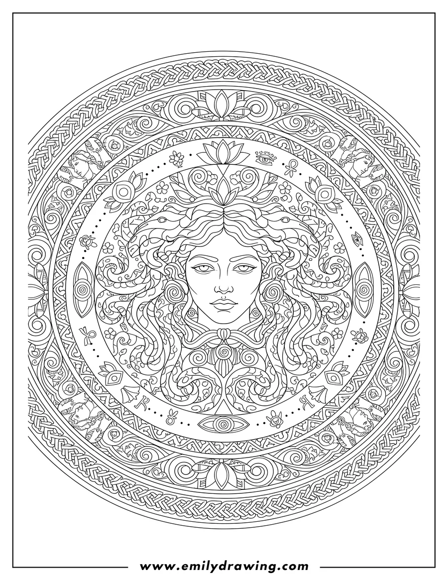 Vector style outline of intricate Medusa Mandala With Serpent Hair, Sacred Symbols, and Profile Portraits