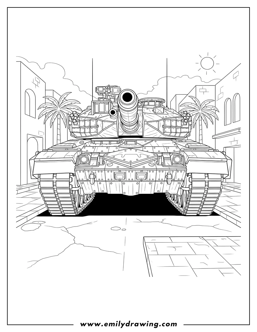 High quality printable intricate Merkava Mk4 Israel Tank on a street with its gun pointing forward, to color for coloring