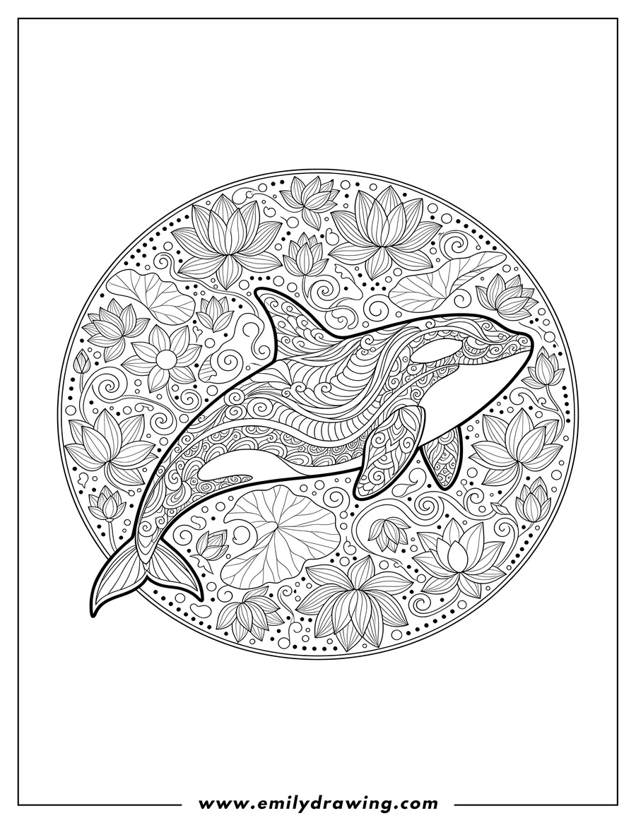 Clean line drawing: intricate full body Orca Mandala coloring page with decorative lotus patterns