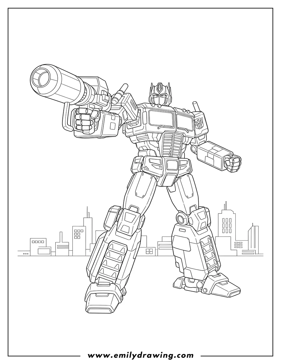 Printable coloring page of intricate Outline Optimus Prime standing with one arm outstretched and holding a blaster