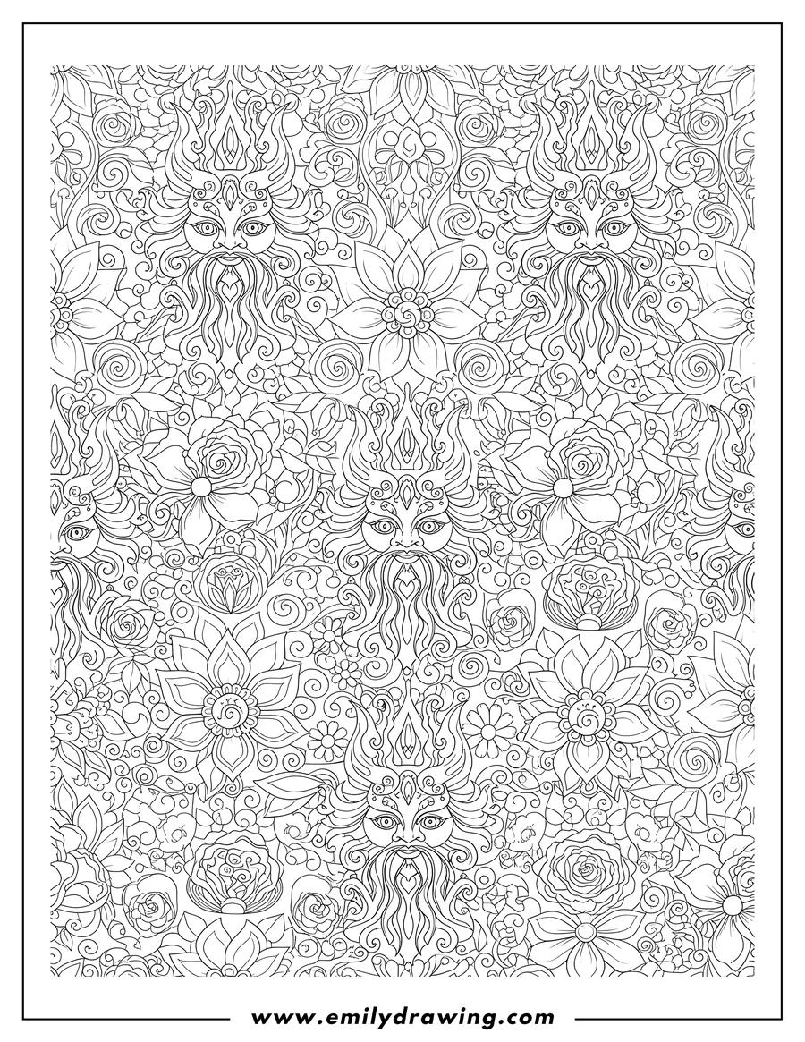 Downloadable coloring page of intricate repeating pattern of stylized flowers and ornate flame-faces