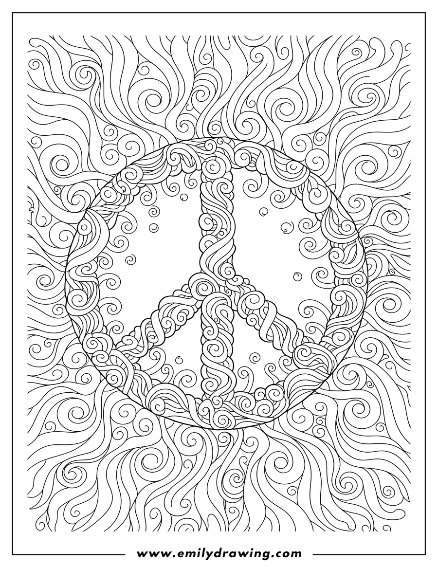 Clean line drawing: intricate peace sign filled with swirls, surrounded by flowing, swirly patterns