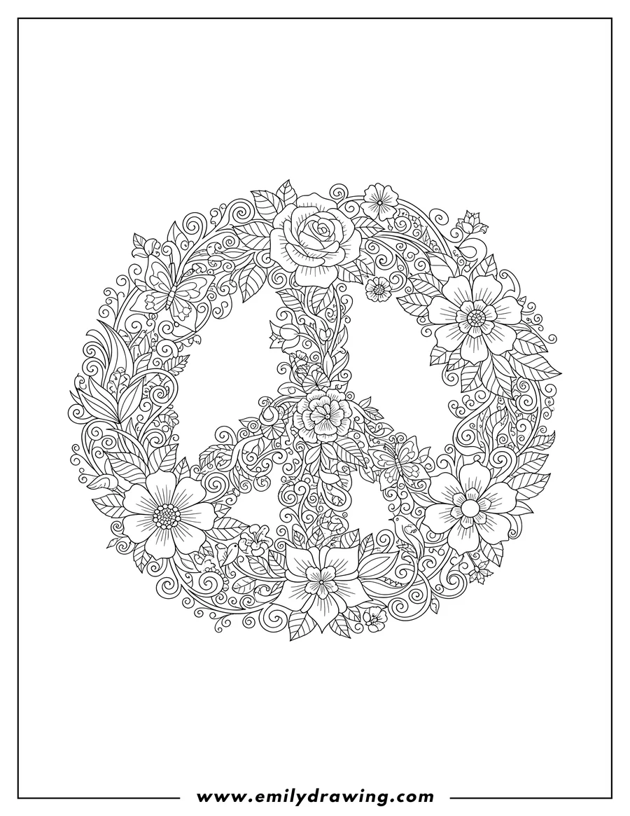 Linear illustration of intricate Peace Symbol Mandala coloring page with floral and leaf designs