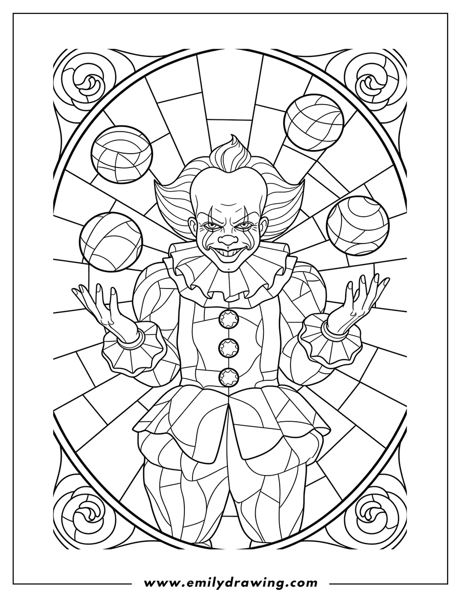 Free printable coloring sheet of intricate Pennywise Stained Glass, juggling balls