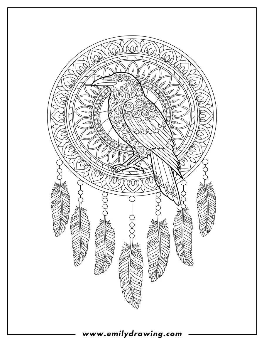 High quality printable intricate raven perched inside a mandala-style dreamcatcher with feathers for coloring