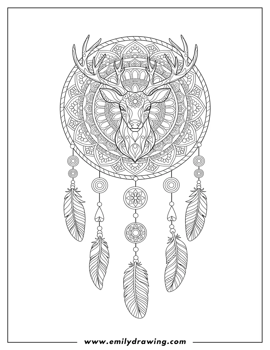 Free to print drawing of intricate Reindeer Dreamcatcher with a deer head centered inside, mandala patterns, beads, and feathers