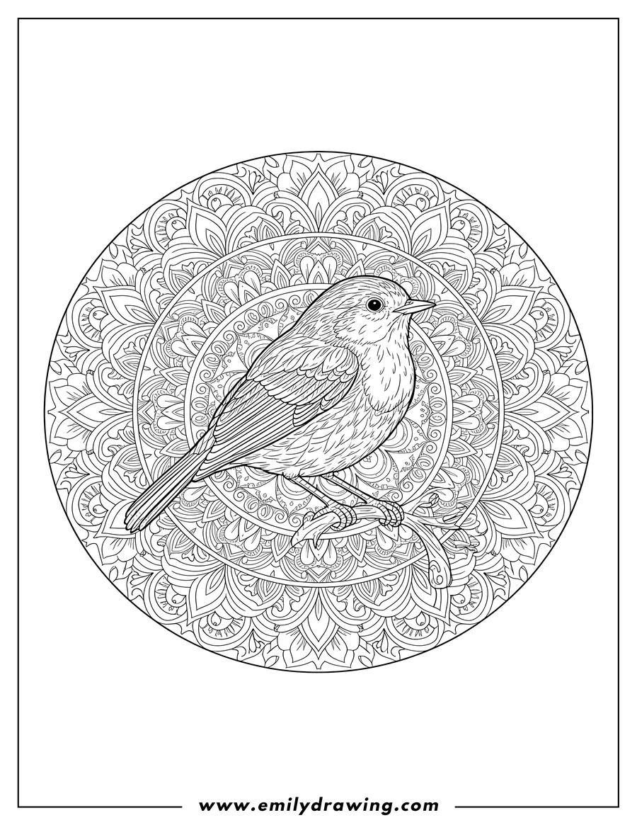 Free to print drawing of intricate Robin standing inside a circular Mandala Design, surrounded by petals and swirls