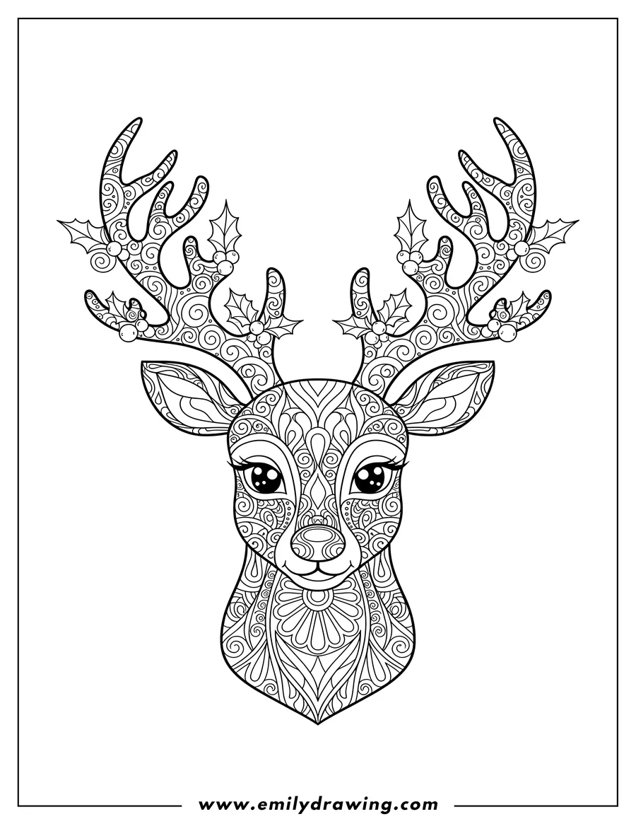 Coloring page of intricate Rudolph deer head mandala with antlers and holly