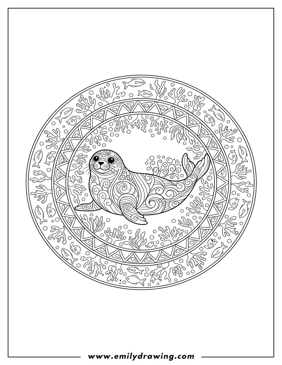 Printable line art of intricate Seal Mandala, lying down with its head raised