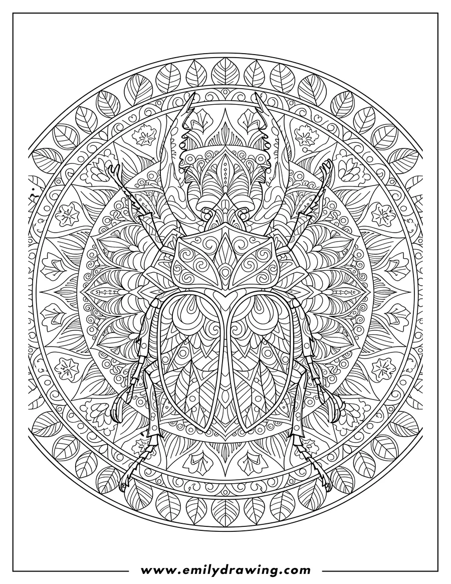 Printable coloring page of intricate Stag Beetle Mandala