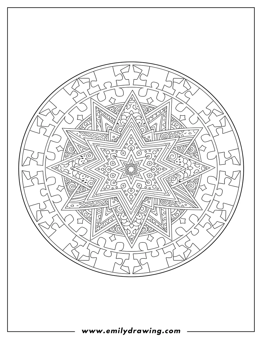 Coloring sheet featuring intricate Star Mandala Mosaic
