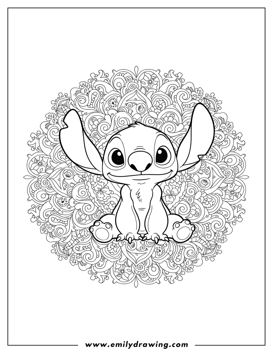 Coloring page for kids: intricate Stitch Mandala, with a cute sitting Stitch