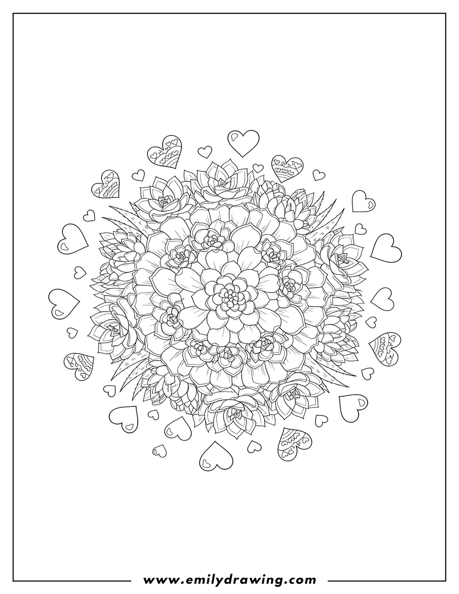 Linear illustration of intricate Succulent Flower Mandala with floating hearts