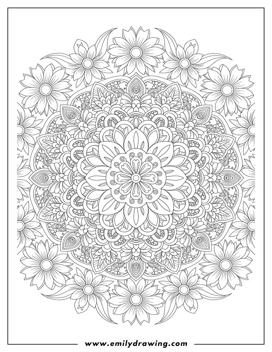 Free to print drawing of intricate Symmetrical Multi Layered Flower Mandala