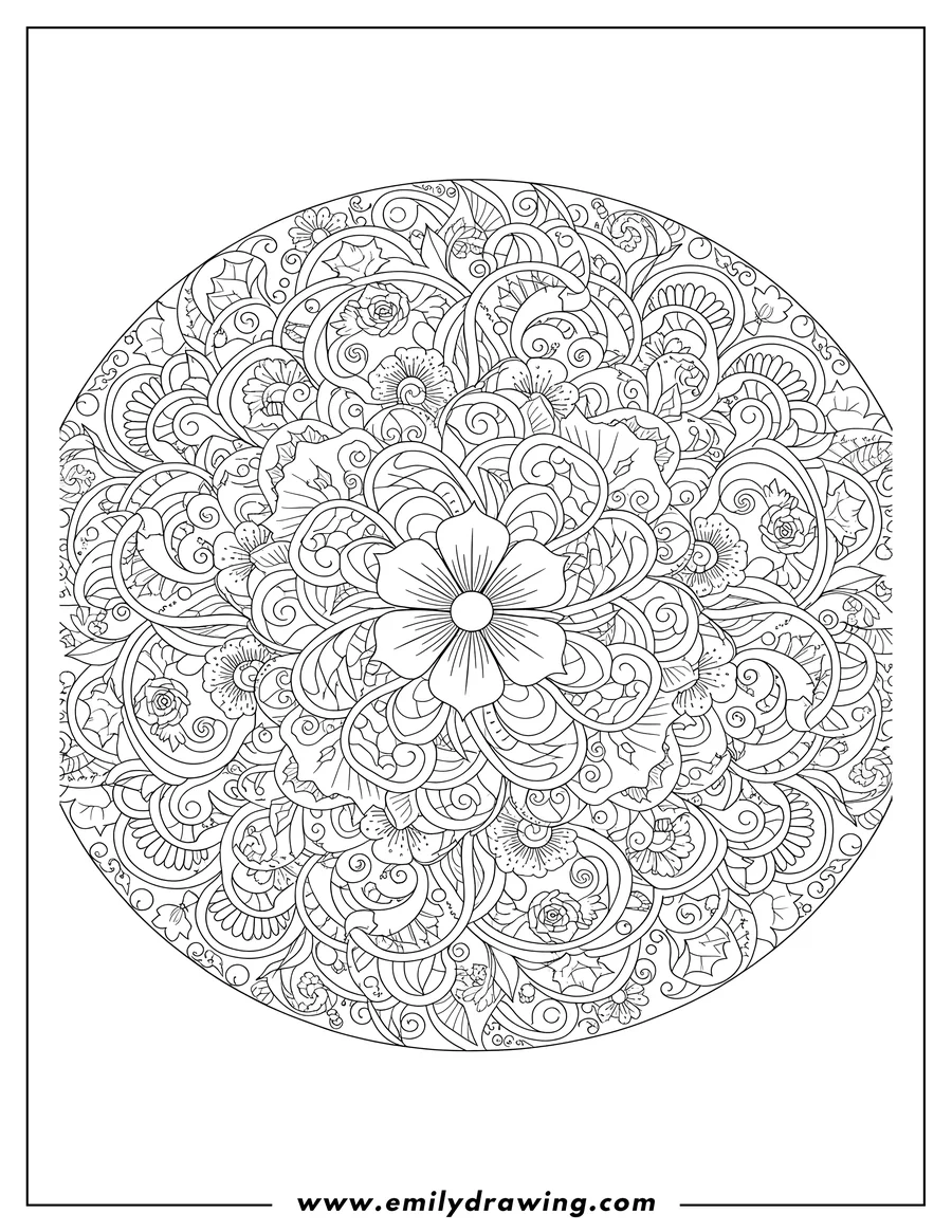 Vector style outline of intricate Tangled Flower Mandala