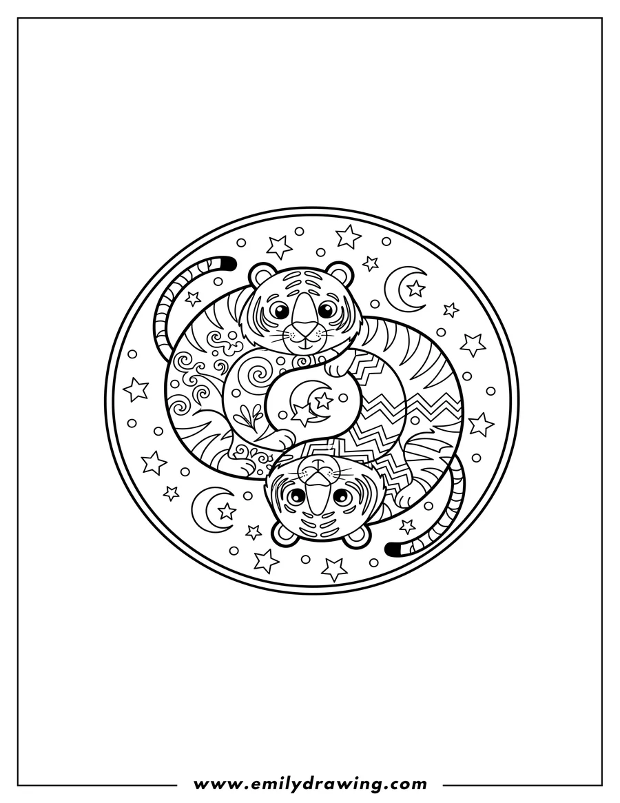 Coloring page of intricate Tigers playfully posed in a circular design, Yin And Yang With Stars