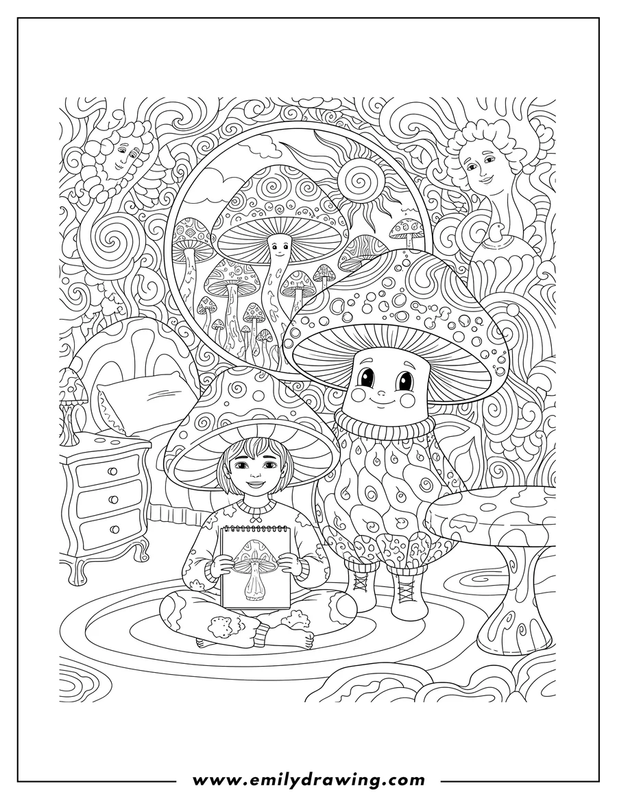 Outline drawing of intricate Trippy Drawing Bedroomv2, featuring a child in a mushroom hat and a large mushroom character
