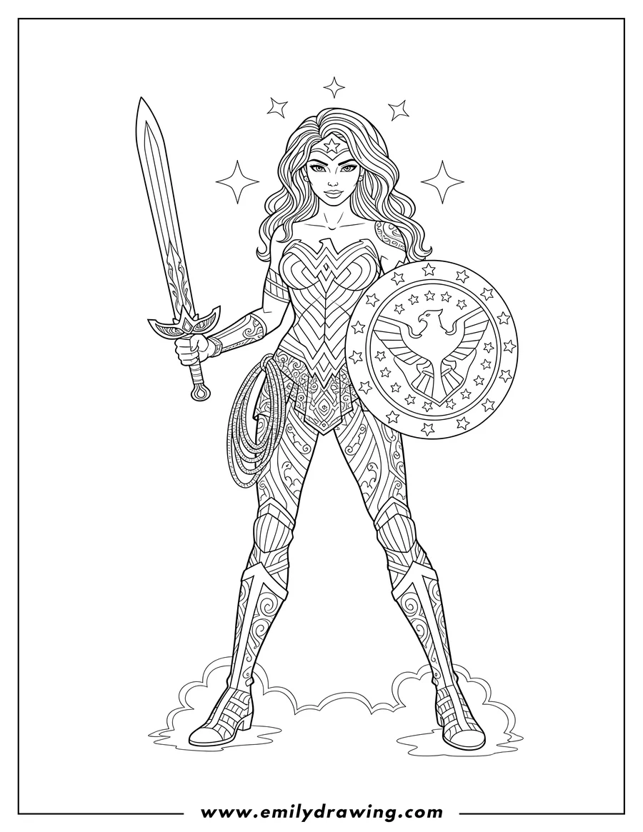 Printable coloring page of intricate Wonder Woman holding a sword and shield, with her lasso coiled on her hip