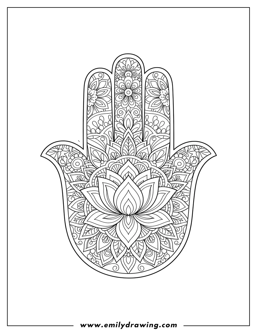 High quality printable intricately patterned Hamsa Hand With Lotus coloring page for coloring