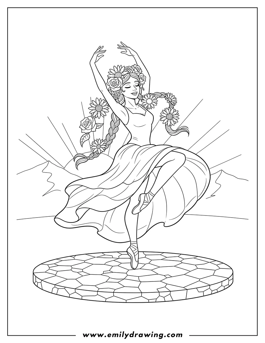 Outline drawing of rish Step Dancer with flowers in her hair, wearing a flowing dress, gracefully posing with one leg raised and arms lifted, on a stone stage