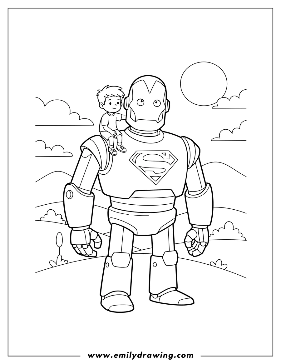 Free printable coloring sheet of iron Giant Robot Scaled, with a boy sitting on its shoulder and an 'S' on its chest