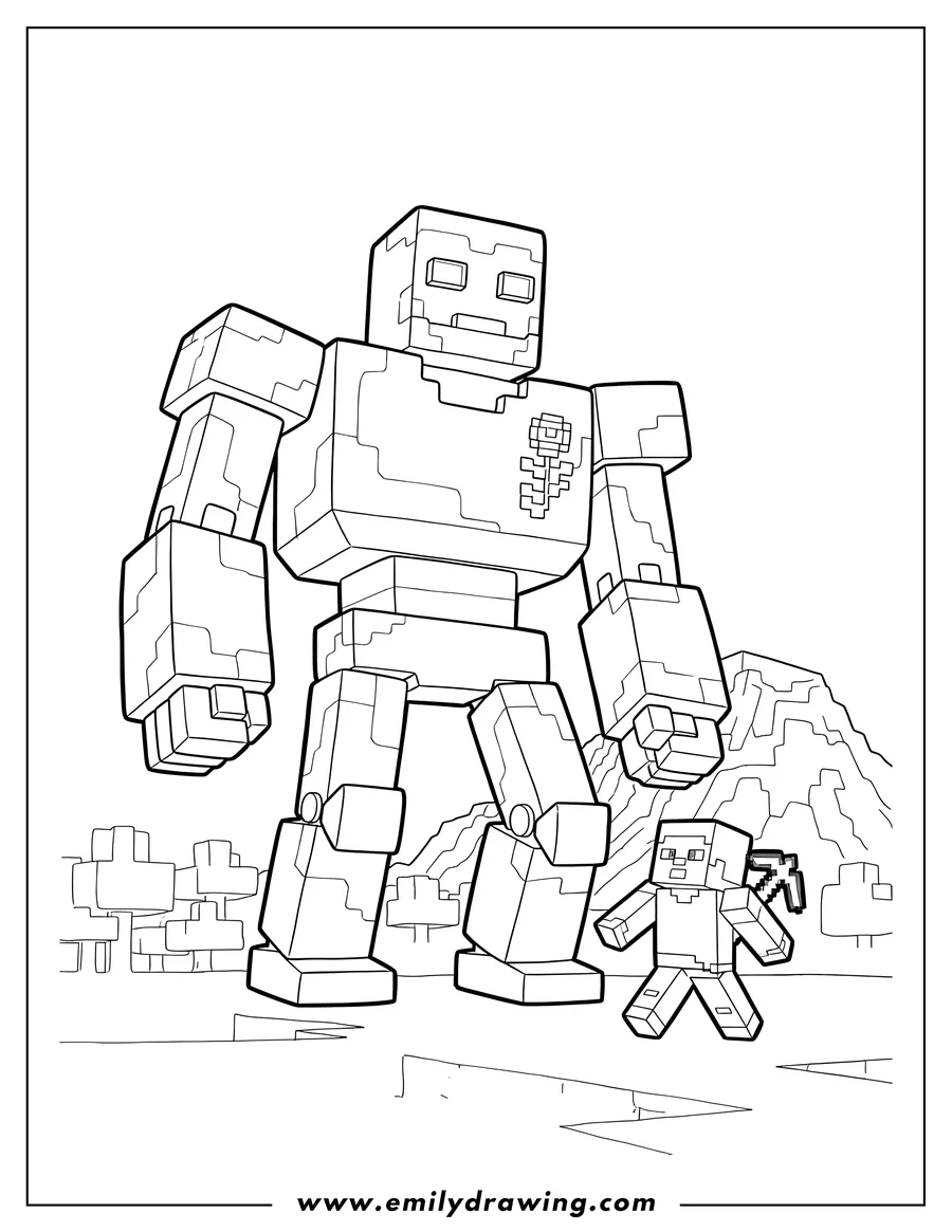 Clean line drawing: iron Golem And Minecraft Steve Scaled, with Steve walking and looking up at the Golem