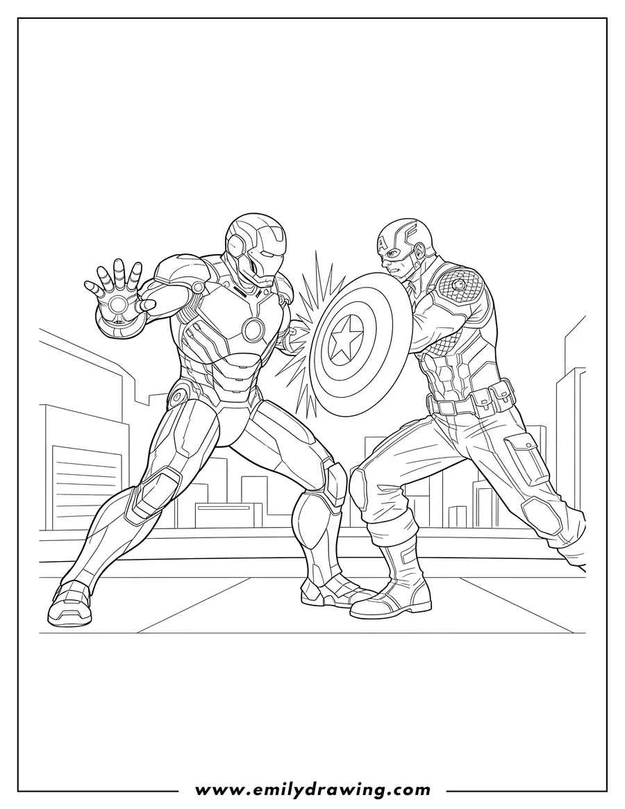 Doodle style coloring picture of iron Man and Captain America clashing shields