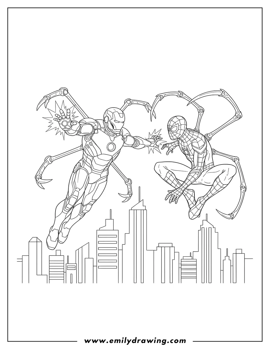 Doodle style coloring picture of iron Man and Iron Spider-Man with mechanical arms fighting in a city