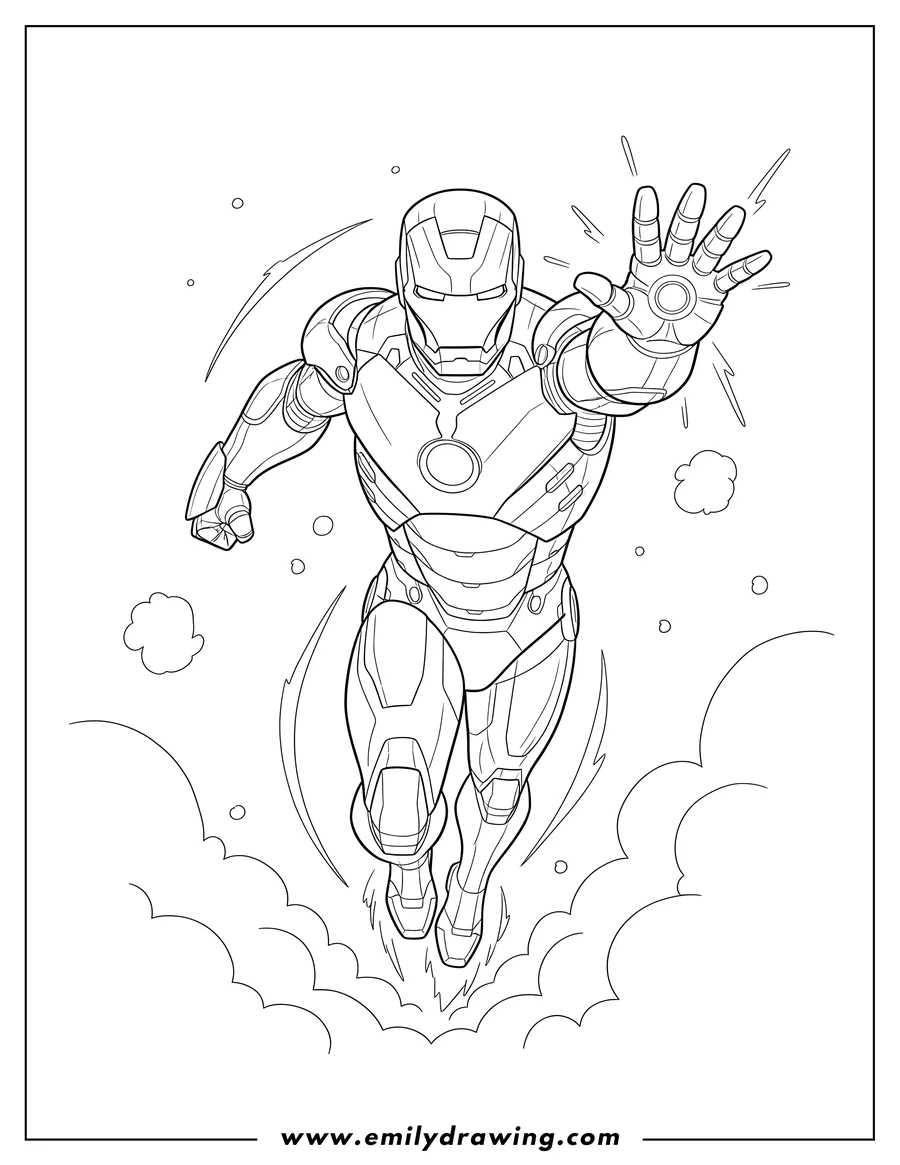 Linear illustration of iron Man flying forward with arm extended and repulsor charging