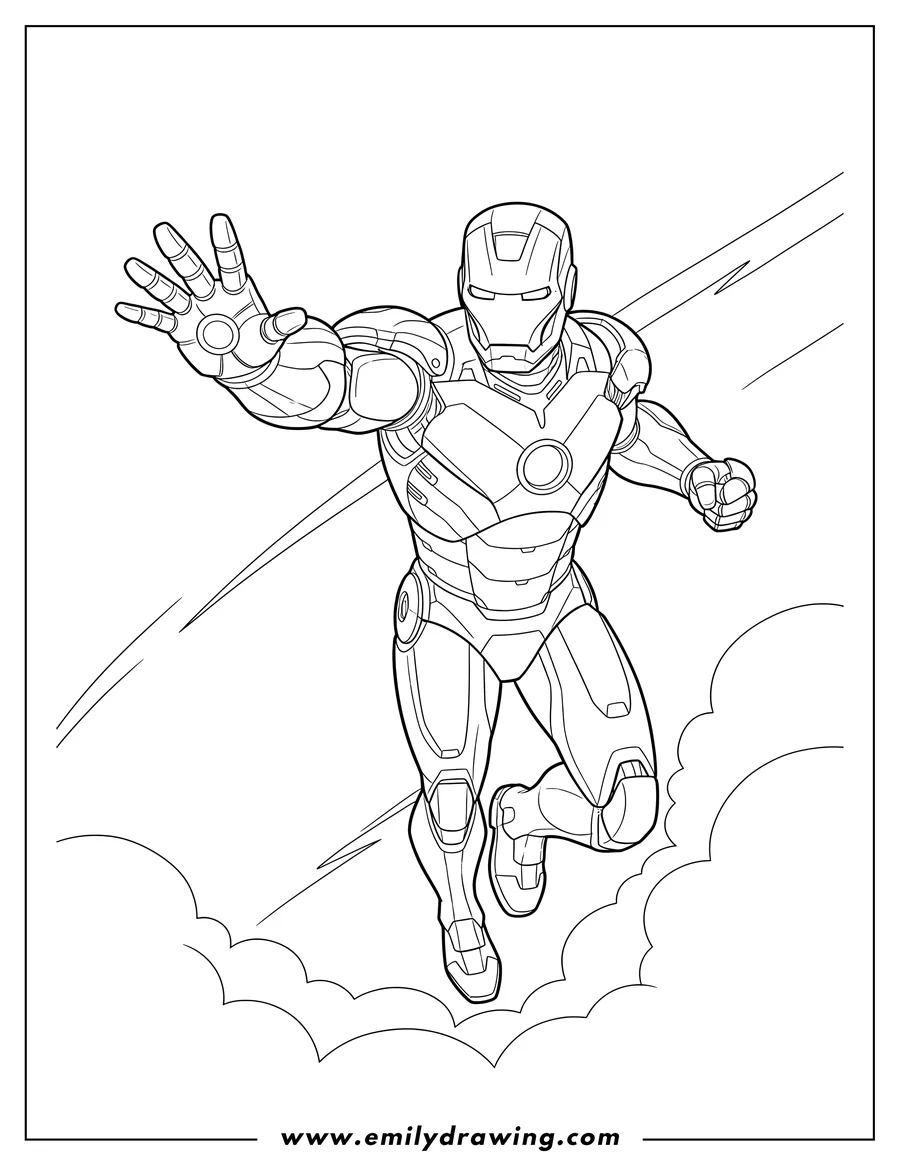 Full page coloring image of iron Man flying with an outstretched open hand