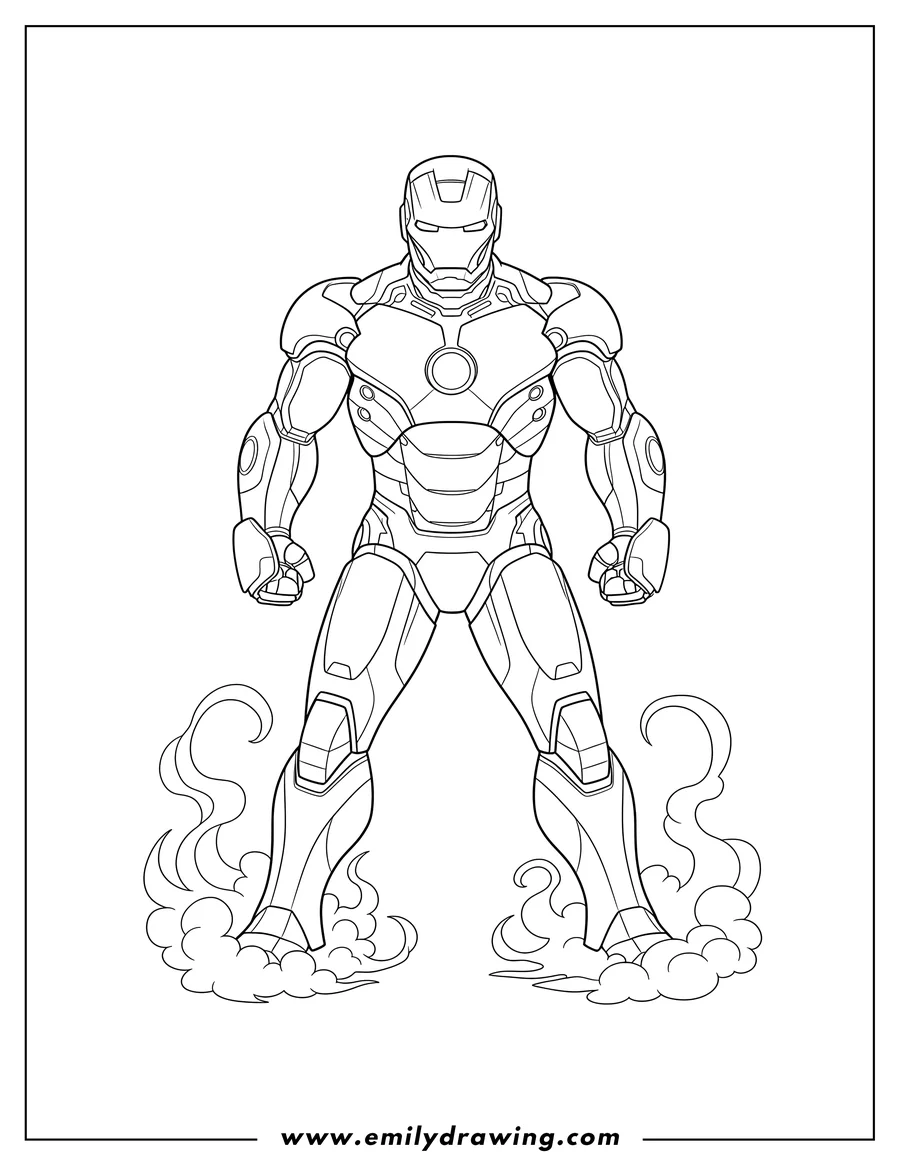 Outline drawing of iron Man Suited Up Scaled, standing with clenched fists, surrounded by smoke
