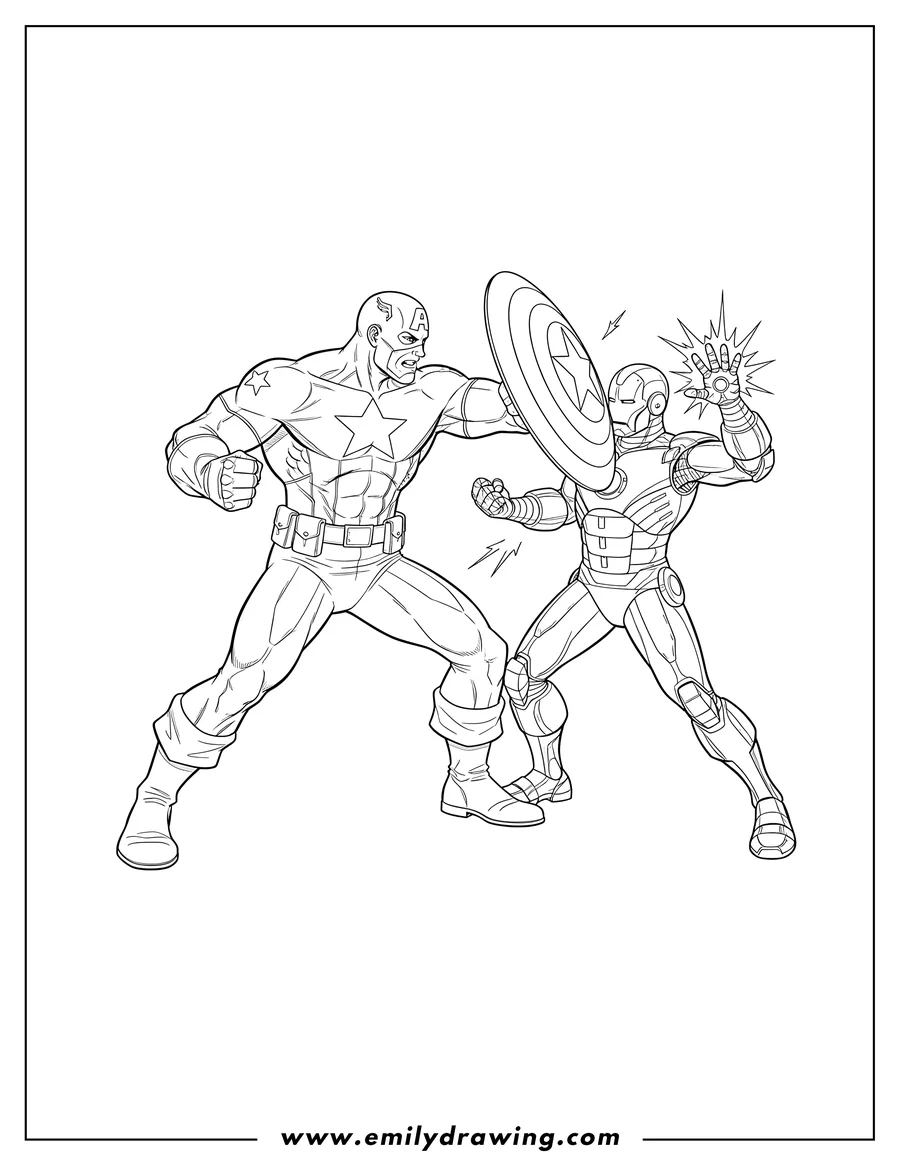Coloring page for kids: iron Man Vs Captain America Scaled, Captain America punching and holding his shield