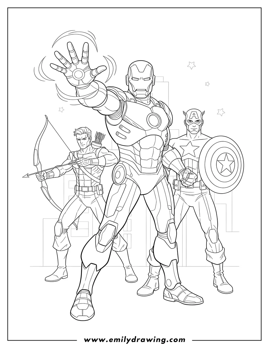 Full page coloring image of iron Man With Avengers To Color Scaled, with Iron Man's face showing and arm extended, Hawkeye with a bow and arrow, and Captain America with his shield
