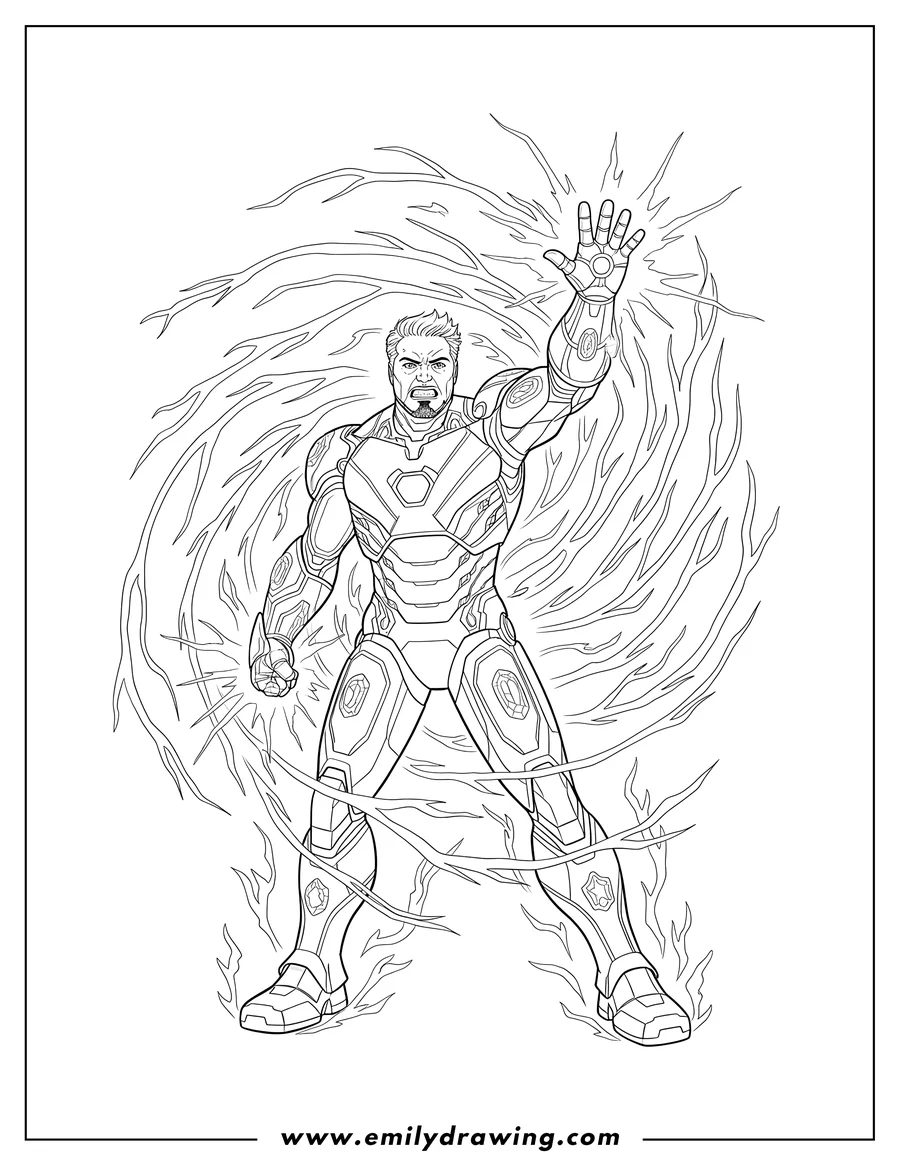 Printable line art of iron Man With Infinity Stones Scaled, with a strained face, raised hand, and surrounding energy