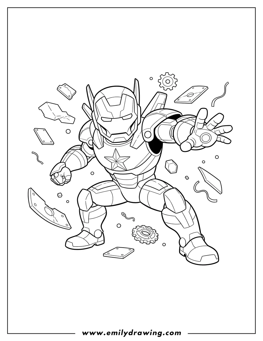 Coloring page of iron Patriot Scaled in a dynamic crouching pose, amidst floating debris