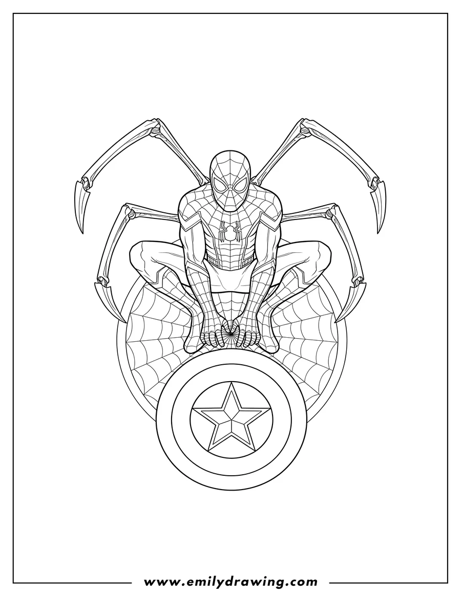 Free printable coloring sheet of iron Spider-Man crouching with extended spider arms on a web, over a Captain America shield