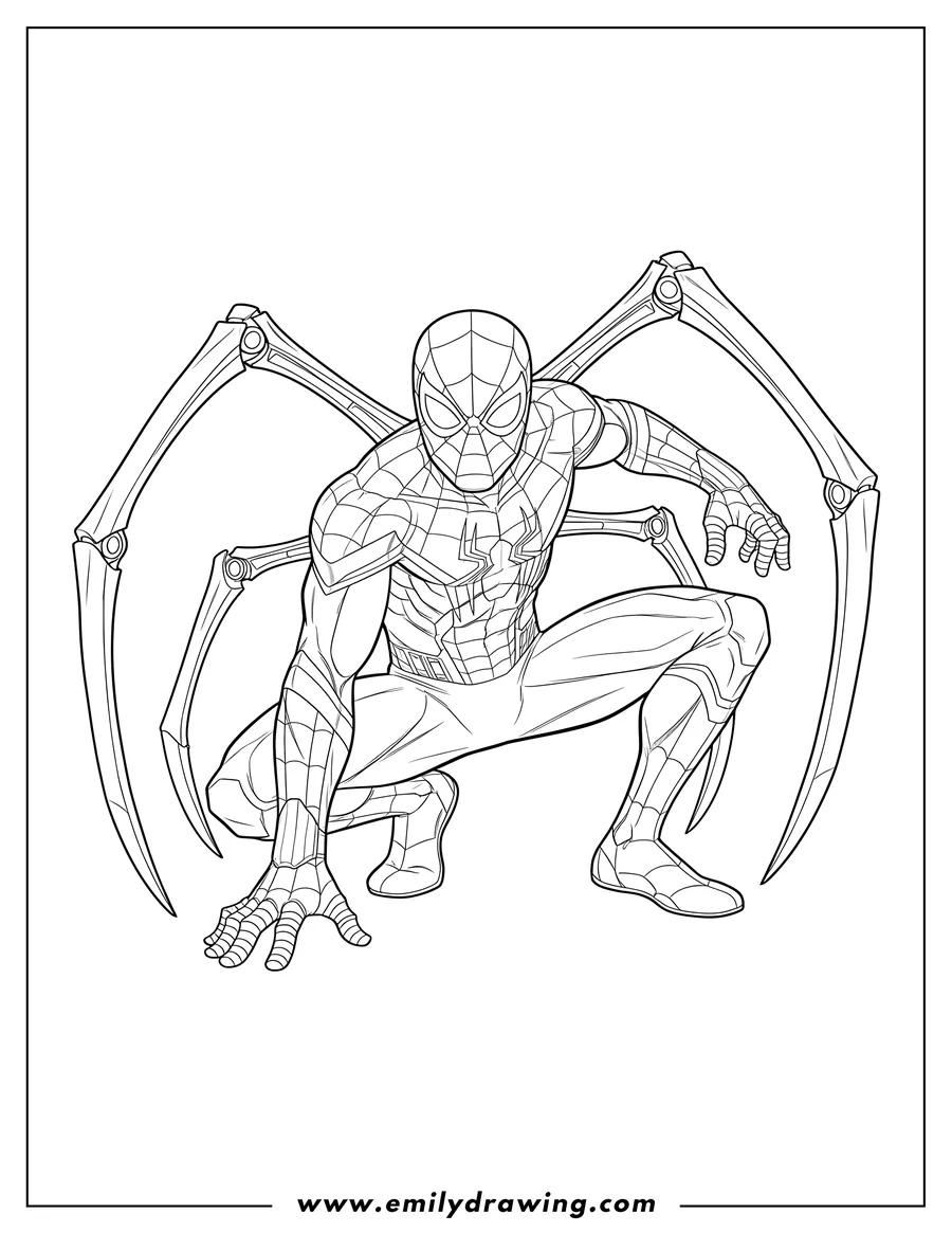 Coloring page of iron Spider Man in a crouch with one hand on the ground