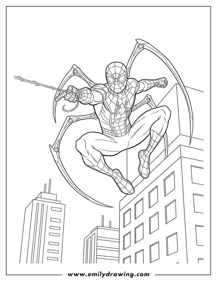 PDF style coloring page: iron Spider Man leaping from building with extended mechanical spider legs, holding a web-line