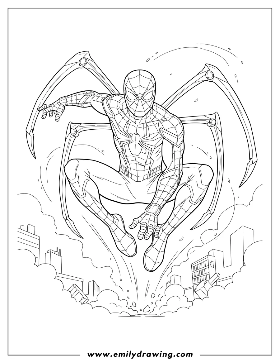 Coloring page for kids: iron Spider-Man leaping with four mechanical spider-legs