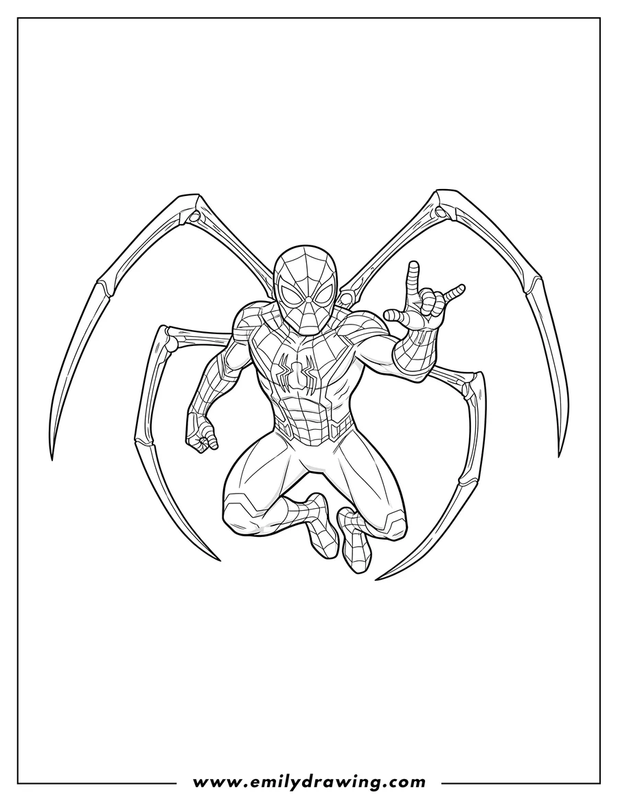 Coloring page for kids: iron Spider Man Mid Air with mechanical spider legs extended, making a hand gesture