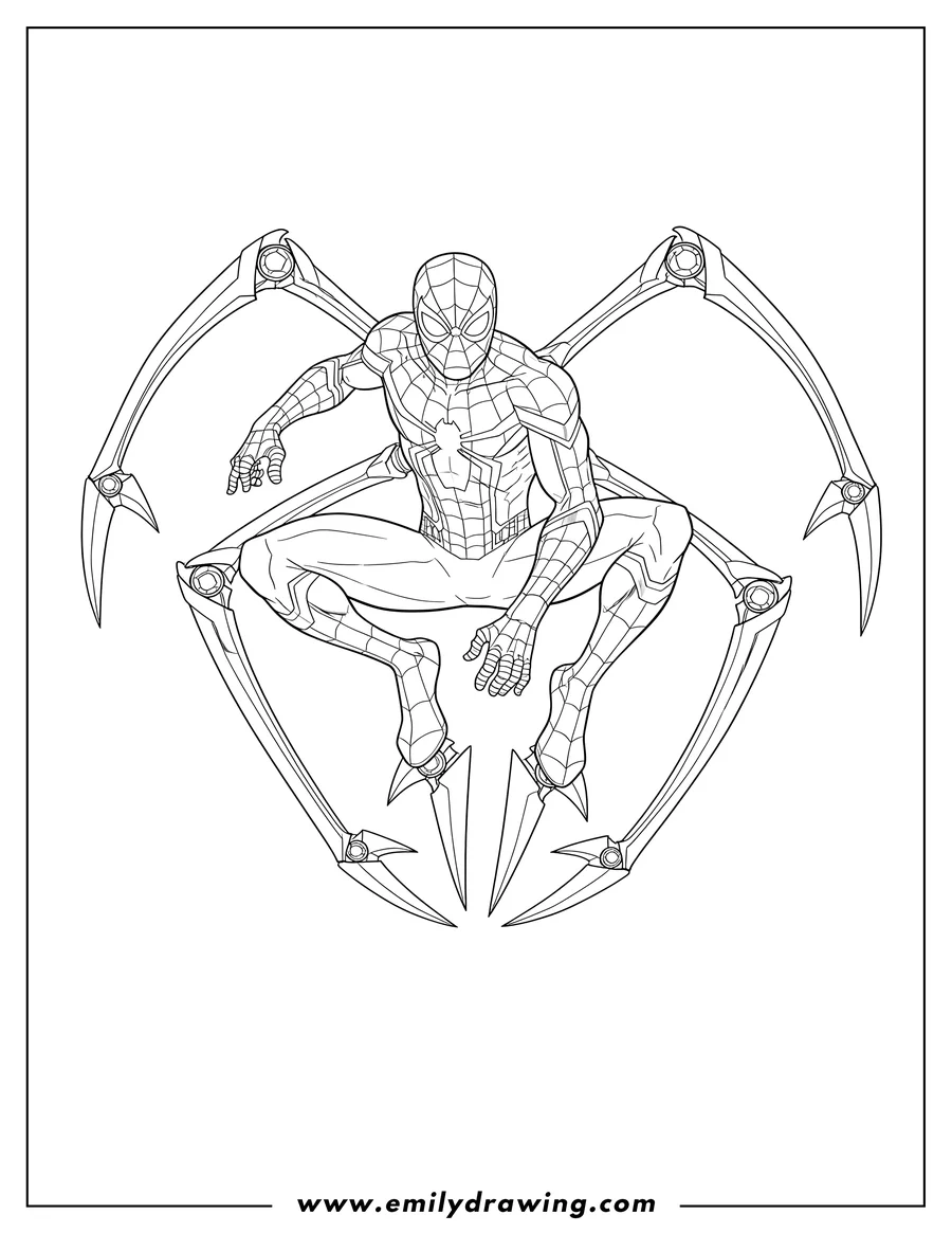 Free to print drawing of iron Spider Man Standing On Pincers, striking a dynamic pose with his four robotic legs deployed