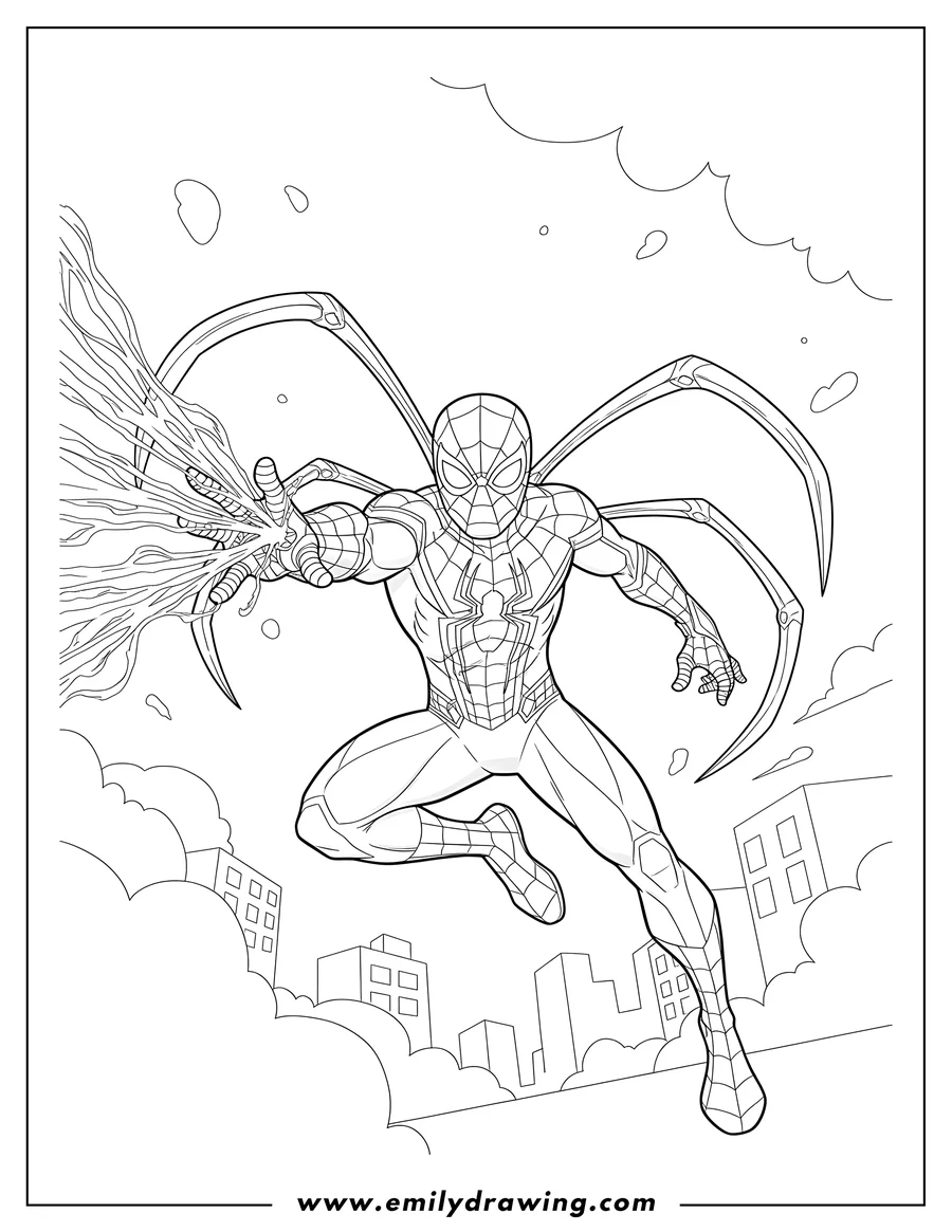 Downloadable coloring page of iron Spider-Man with pincers and web, lunging forward with one hand outstretched