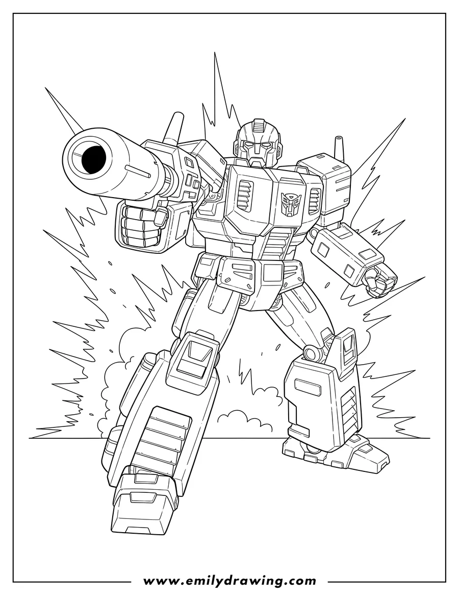 Downloadable coloring page of ironhide Transformer in a dynamic pose, holding a blaster