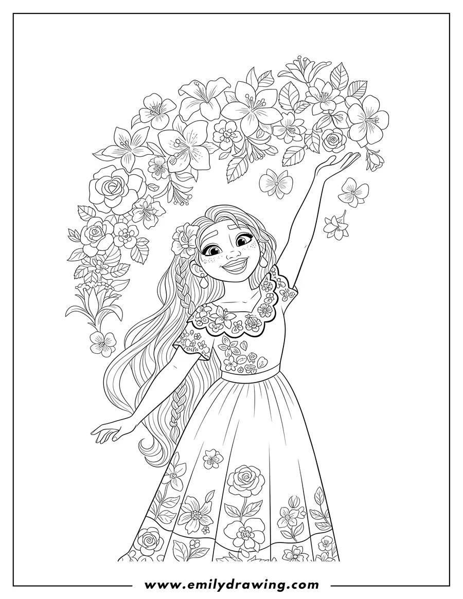Coloring sheet featuring isabela Madrigal smiling with a raised arm, making flowers fall