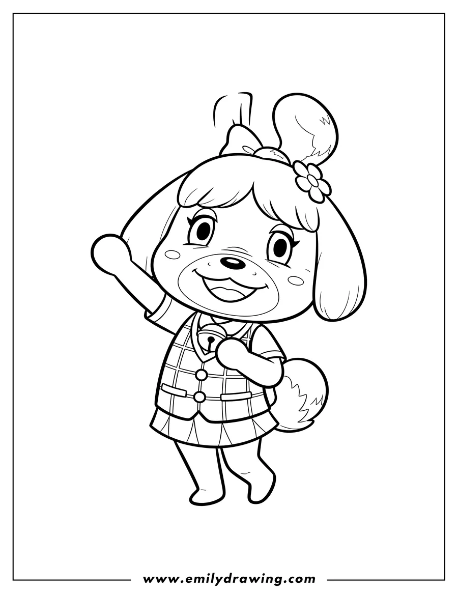Linear illustration of nintendo Animal Crossing Isabelle smiling and waving