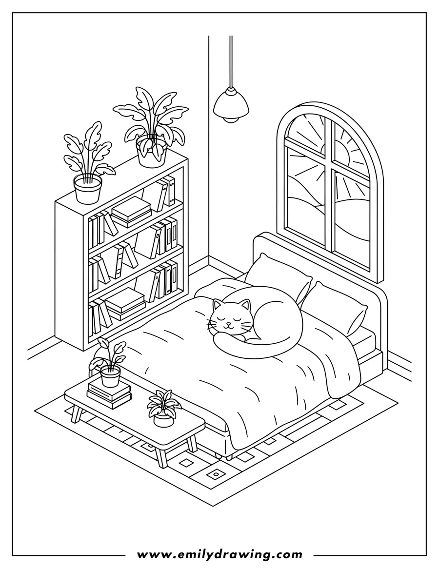 Printable coloring page of isometric Bedroom With Bookshelves Coffee Table And Plants, with a sleeping cat on the bed and a window