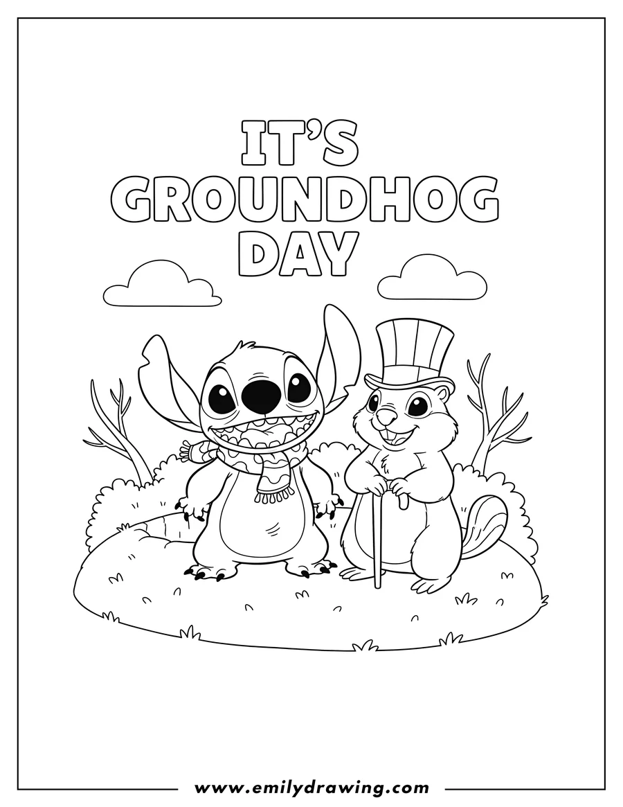 Coloring sheet featuring it S Groundhog Day Stitch With Woodchuck, Stitch smiling, woodchuck in a top hat holding a cane